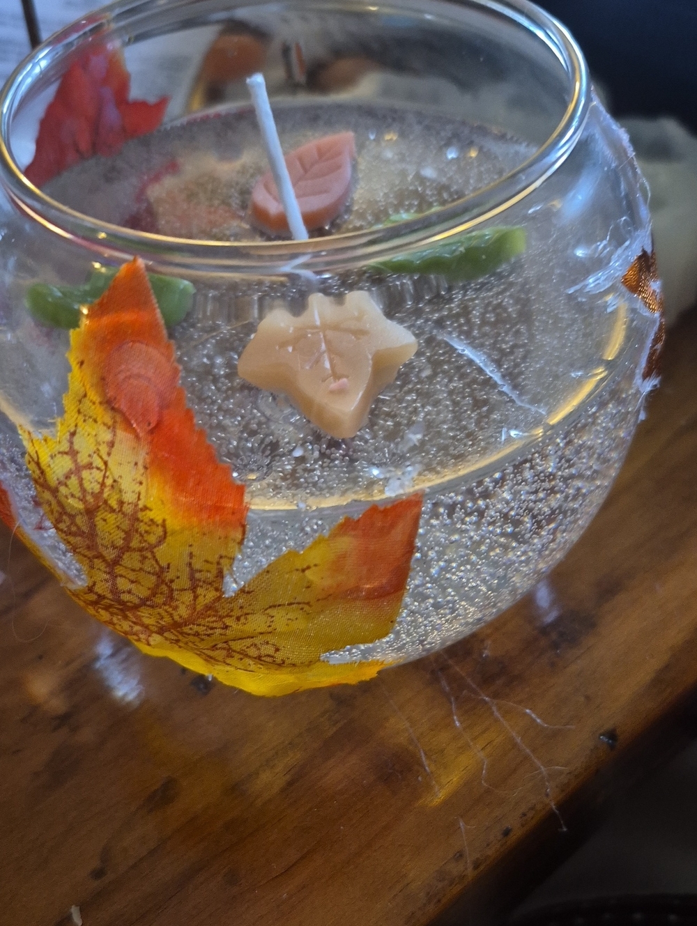 Autumn Leaf Glass Floating Candle Bowl - Clear with Orange and Yellow Leaves